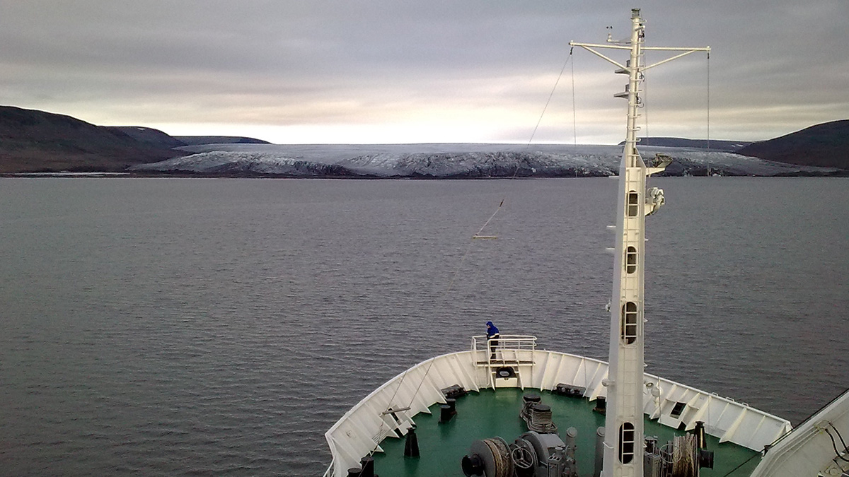 Research vessel overlooking a glacier